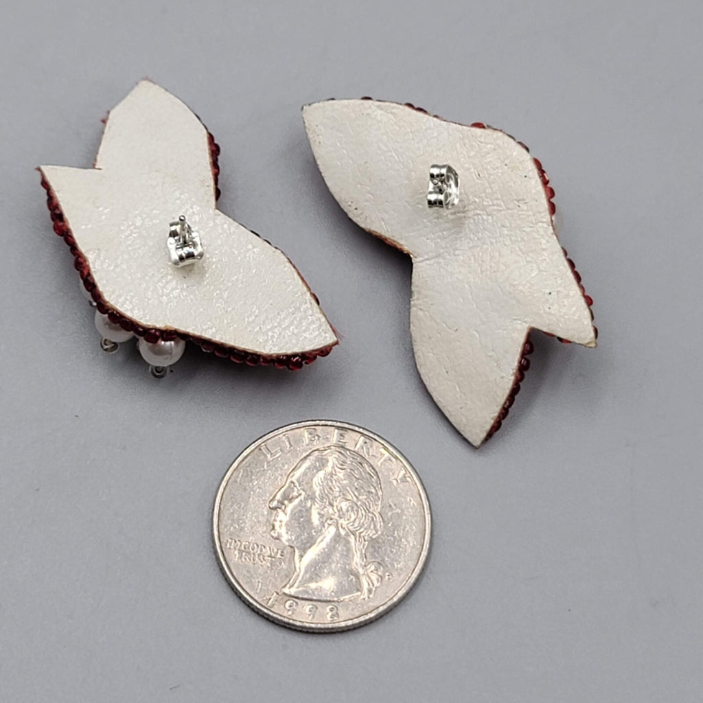 Vintage Red Sequin Statement Pierced Earrings White Bead Drop 1.5"