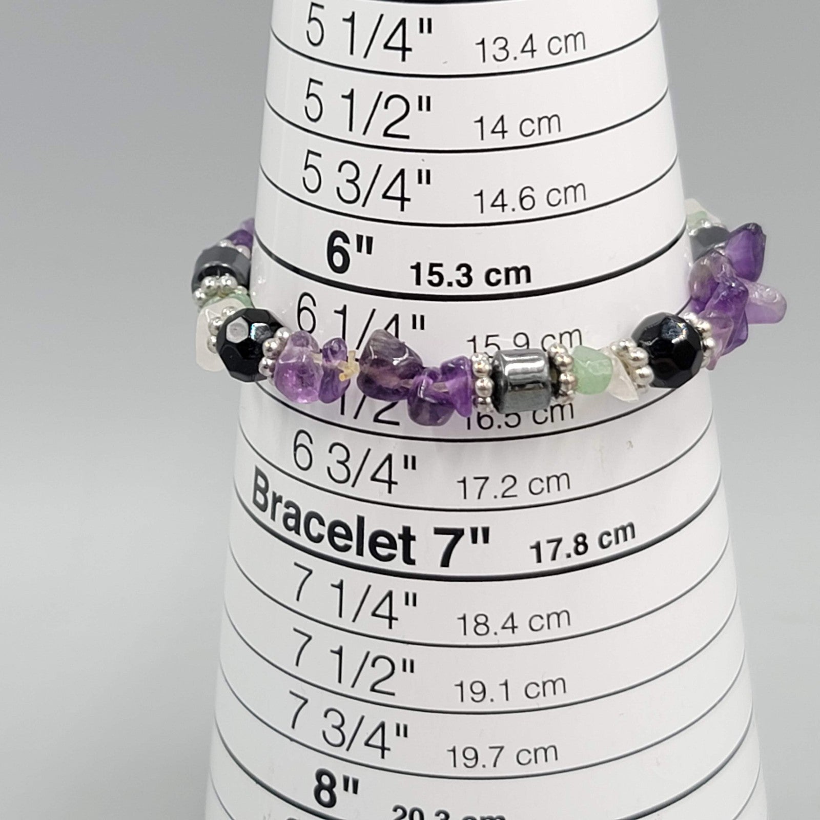 Amethyst Multi Gemstone Elastic Bracelet Purple Black Silver tone