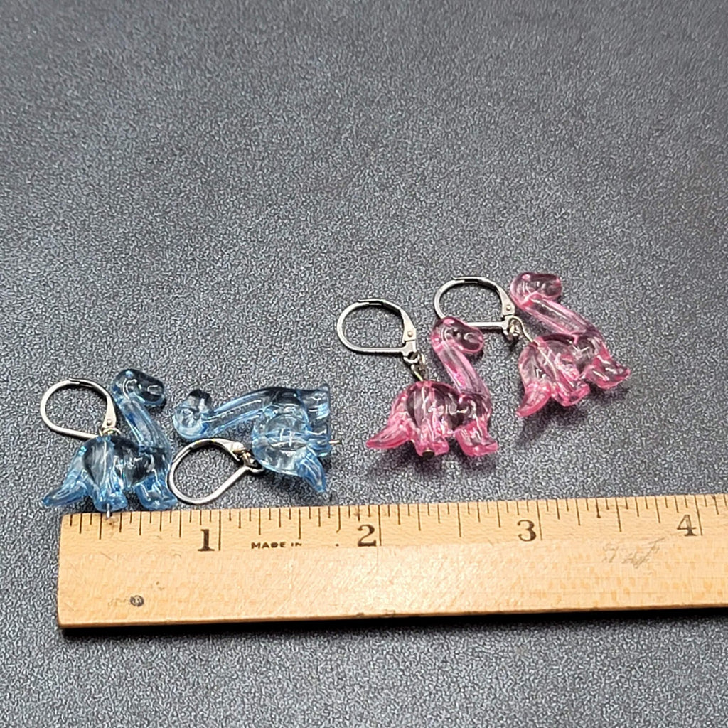 Dinosaur Pierced Earrings Pink Blue Acrylic Dangle 1" Lot of 2 