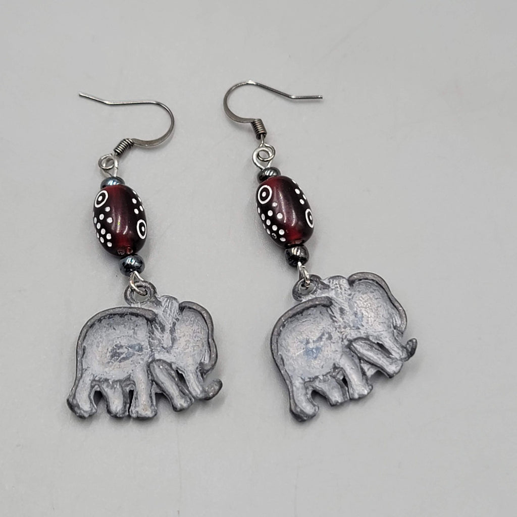 Elephant Pierced Earrings Silver tone Dangle Red Bead  1.75"