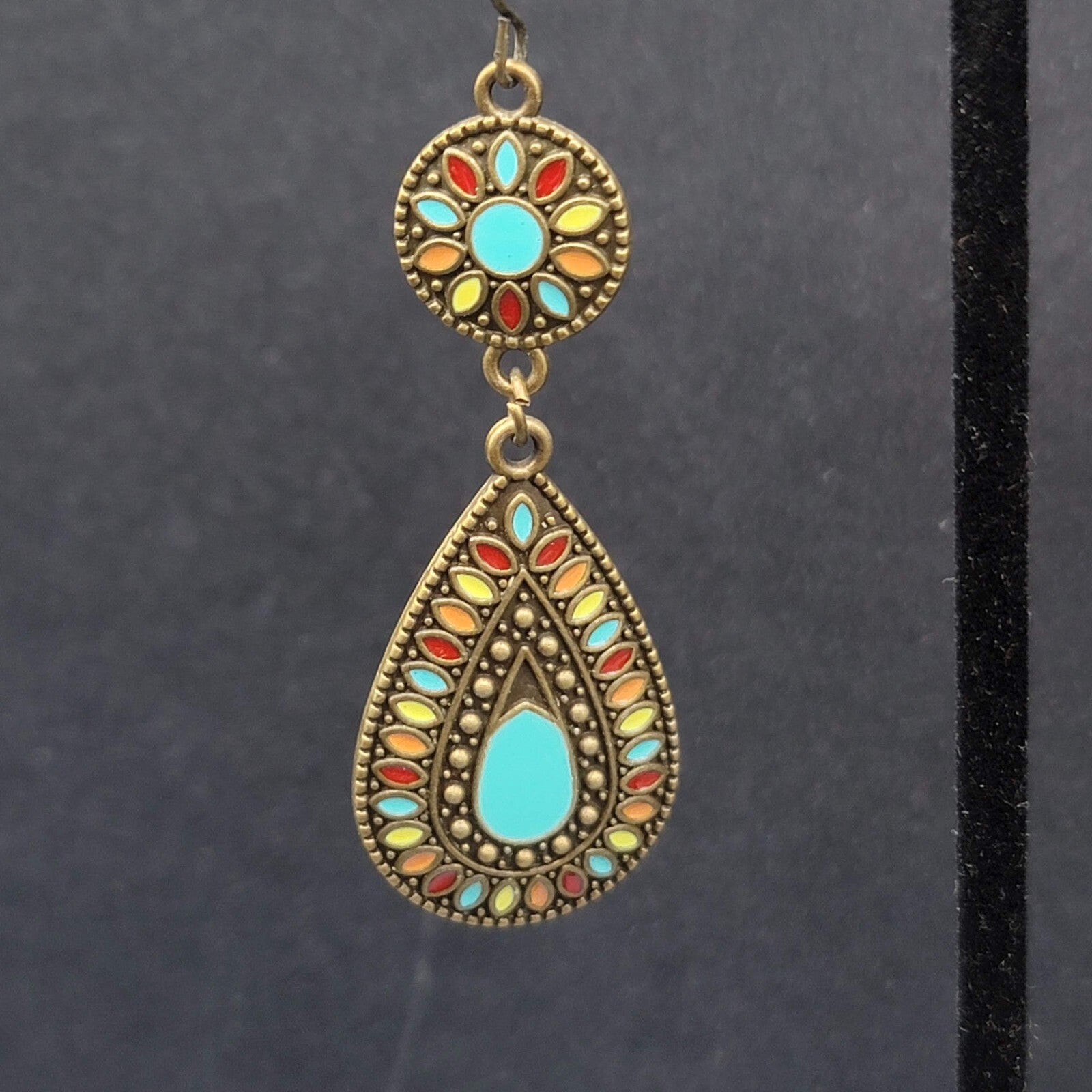 New Boho Pierced Earrings Multicolor Enamel Round Teardrop Blue Dangle 2.25"