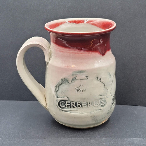 Cerberus Dog Handmade Pottery Coffee Mug Mythical Beast Red Gray Blue