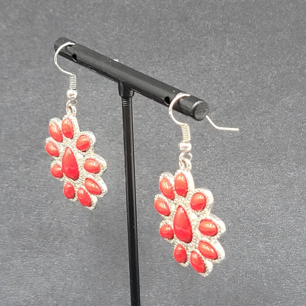 Pierced Earrings Silver tone Red Acrylic Accents 1 1/8"