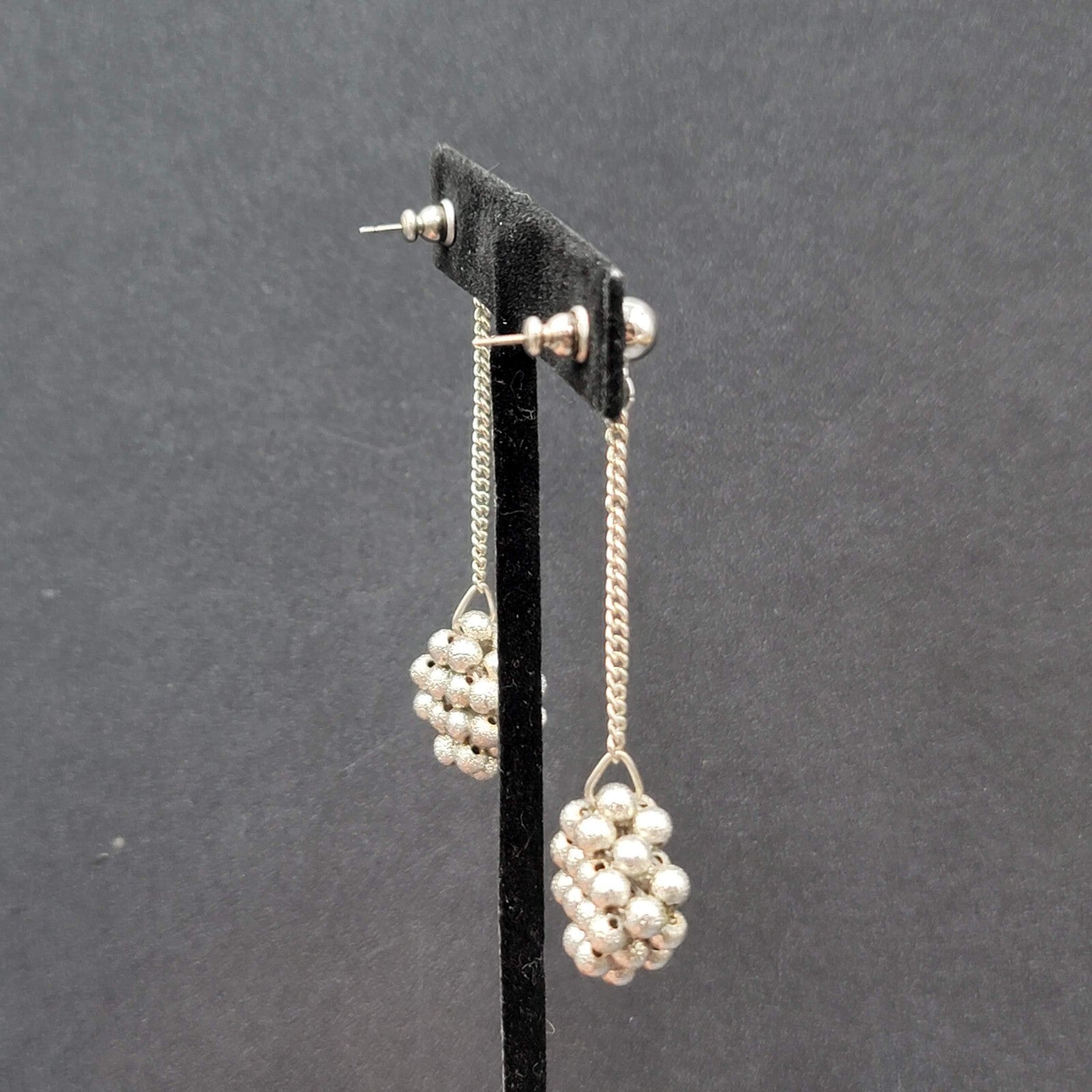 Vintage Pierced Earrings Silver tone Bead Cluster Dangle Unique 2.5"