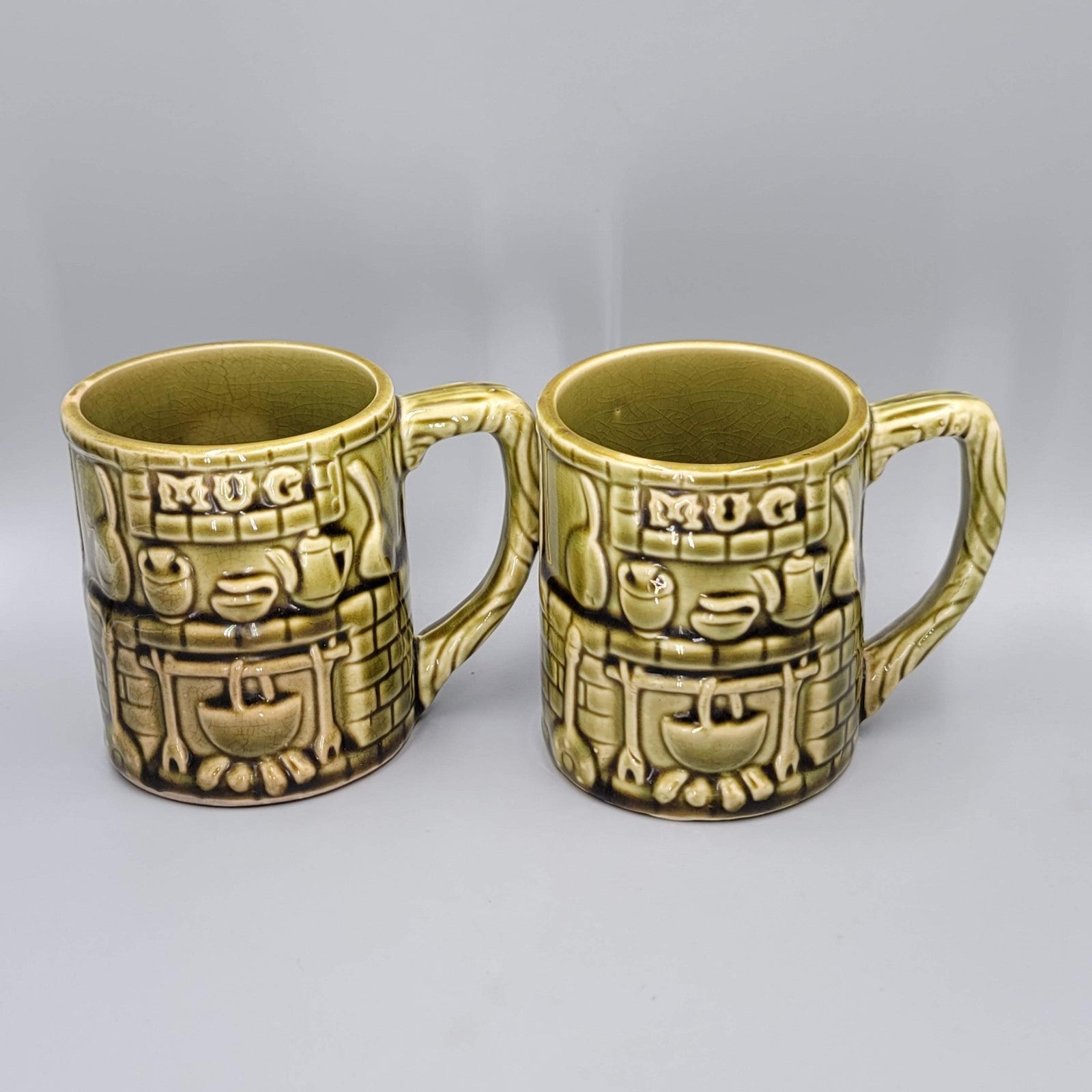 Vintage Japan Coffee Mug Cup Set of 2 Green Glaze MCM