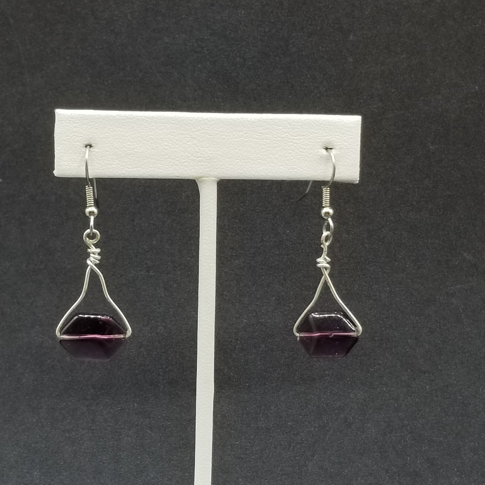 Pierced Earrings Silver tone Faceted Purple Crystal Dangle 1"