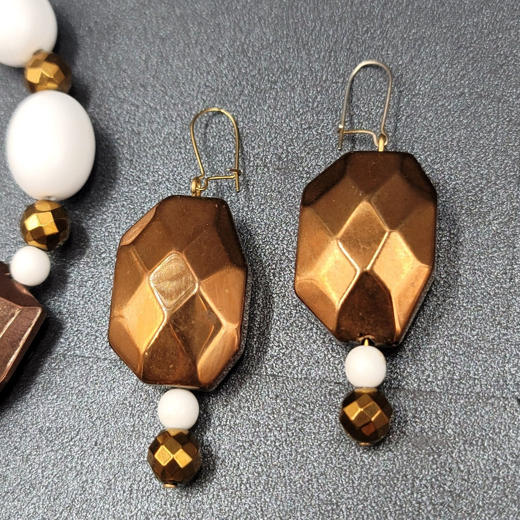 Bronze Metallic White Beaded Necklace Bracelet Earrings Set Jewelry Set