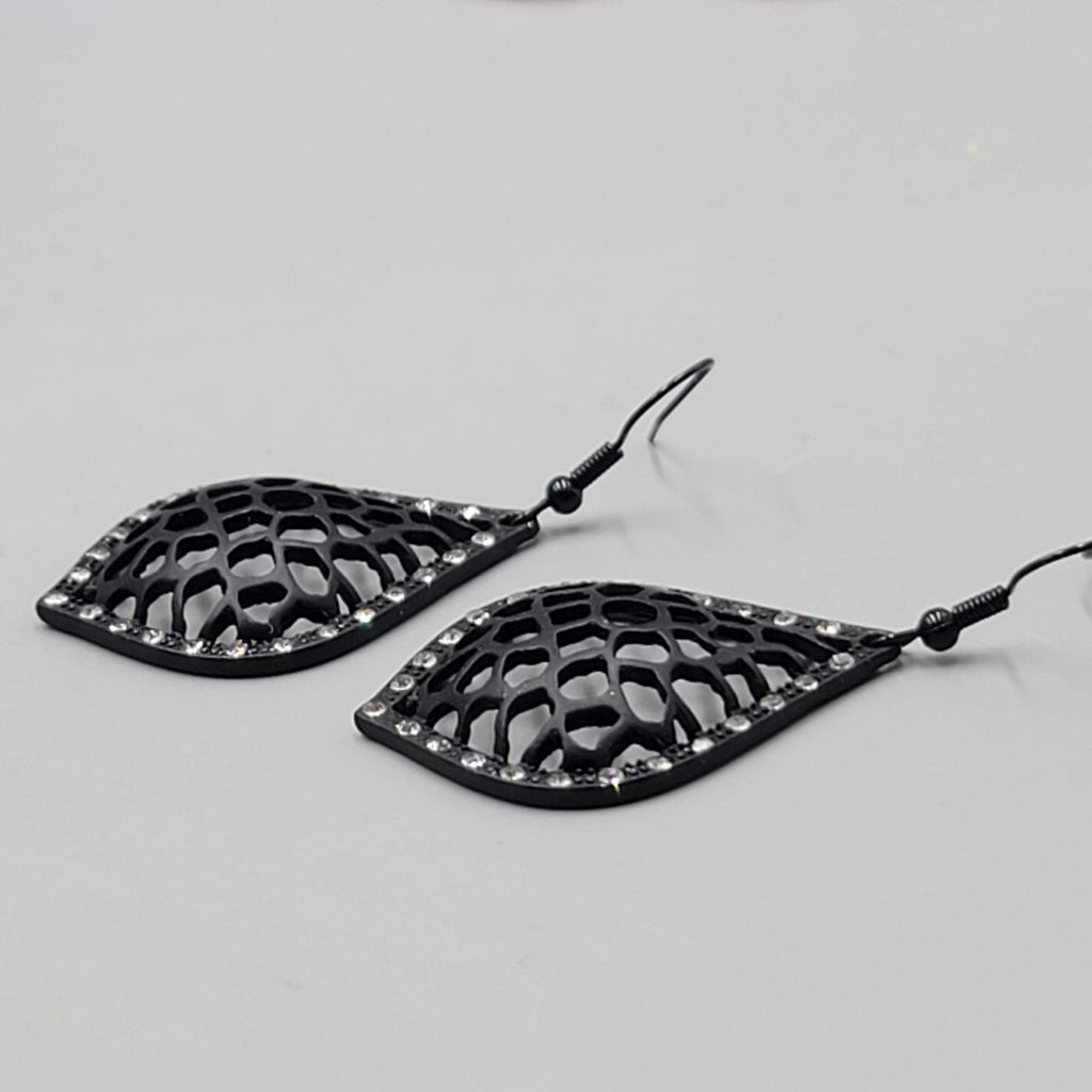 Black Enamel Pierced Earrings Crystal Rhinestone Dangle 1.5"