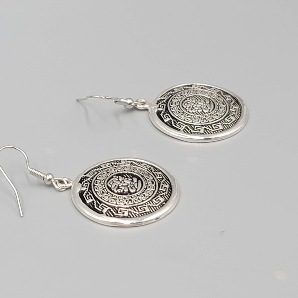 Mexico Mexican Motif Pierced Earrings Round Silver tone Dangle 1.25"