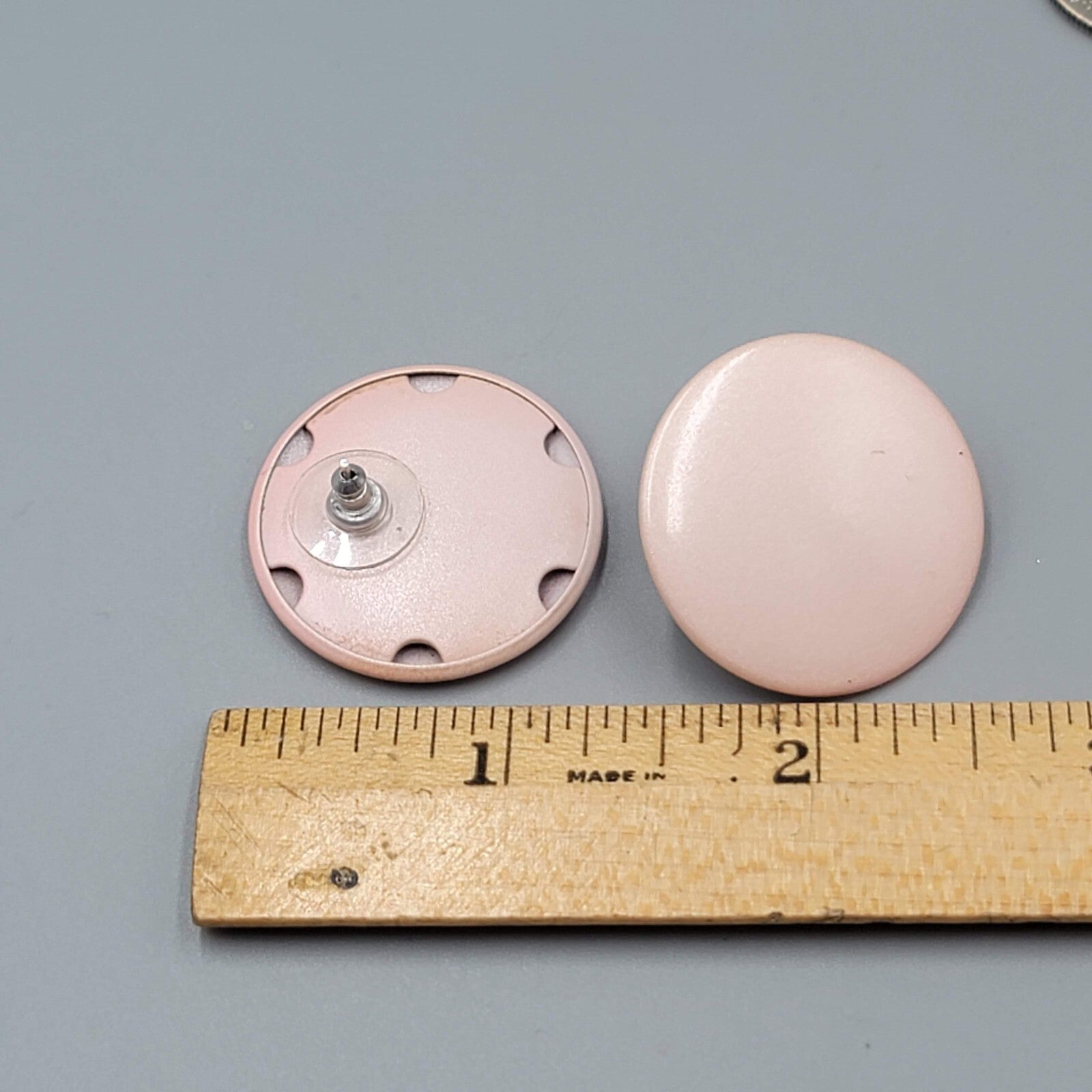 Vintage Pastel Pink Enamel Pierced Earrings Large Flat Round 1.25"
