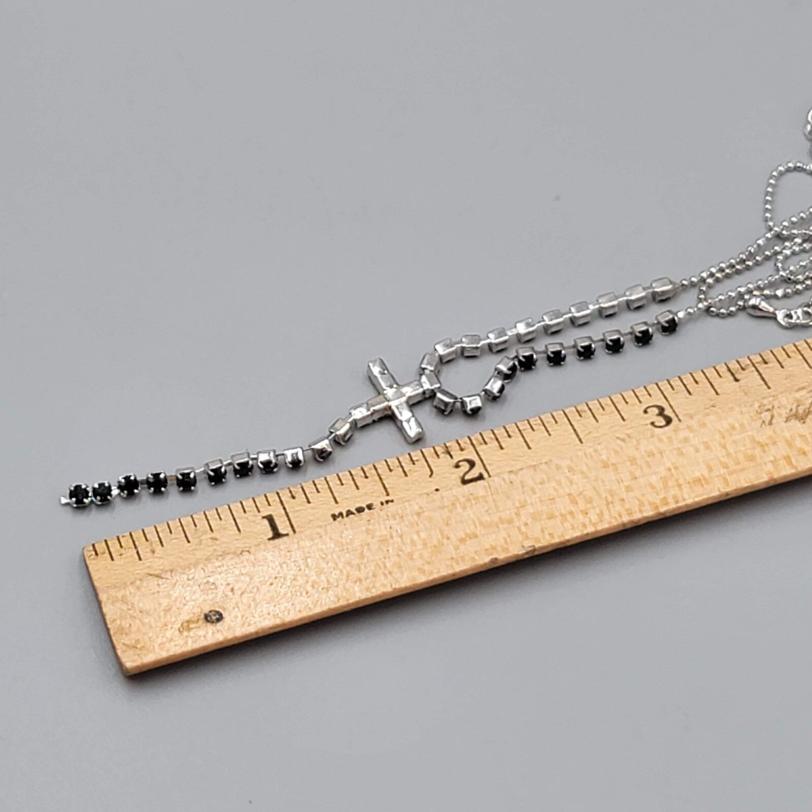Black Rhinestone Cross Pendant Necklace Silver tone Y Drop 16"+