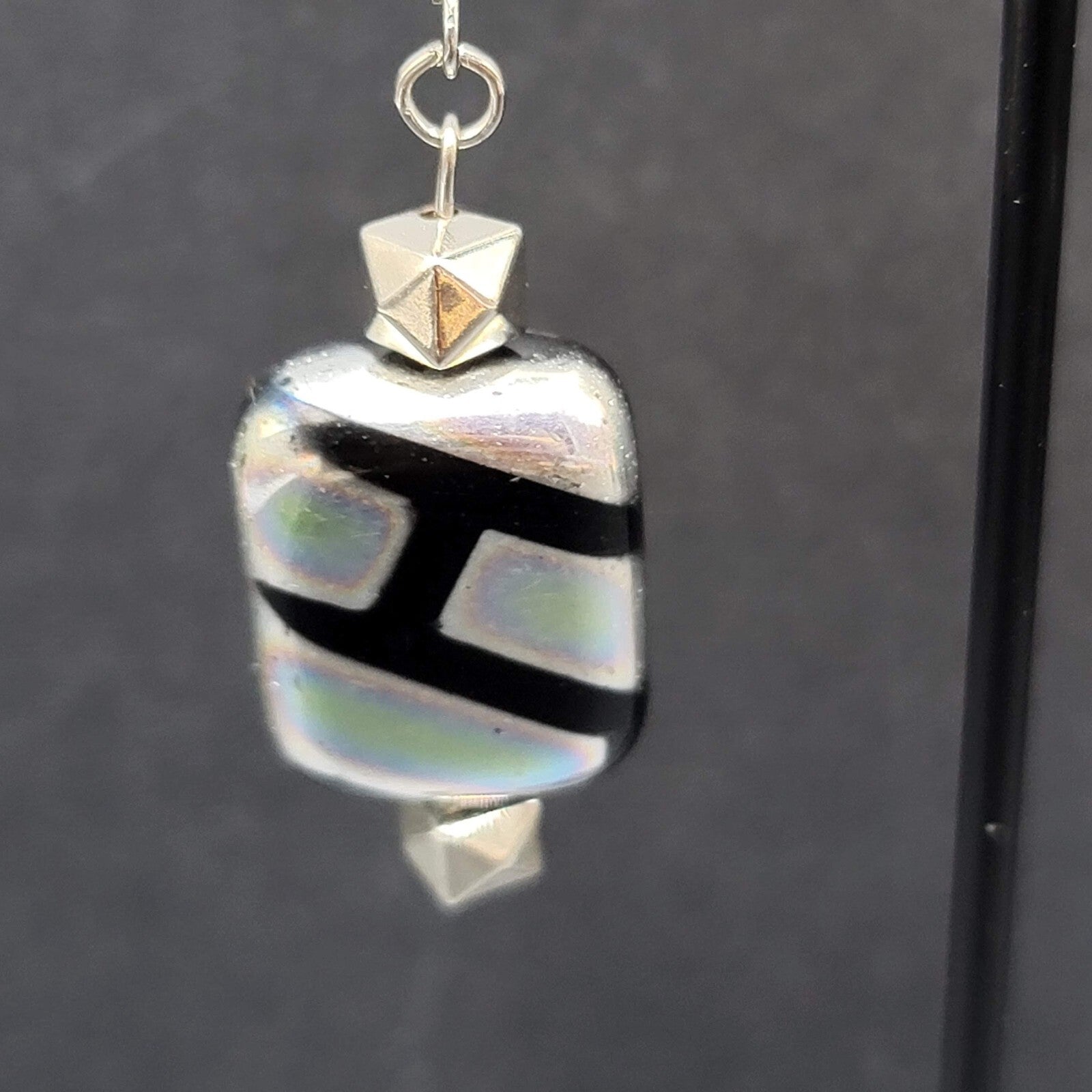 Pierced Earrings Unique Art Glass Beads Iridescent Rectangles 1 3/8"