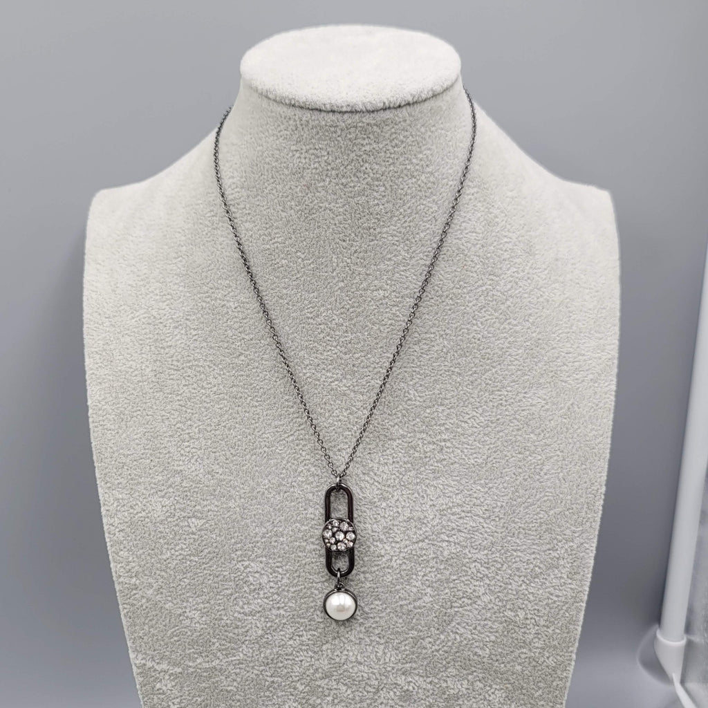 Black Metal Faux Pearl Rhinestone Necklace Convertible Removable Layer 18" & 36"