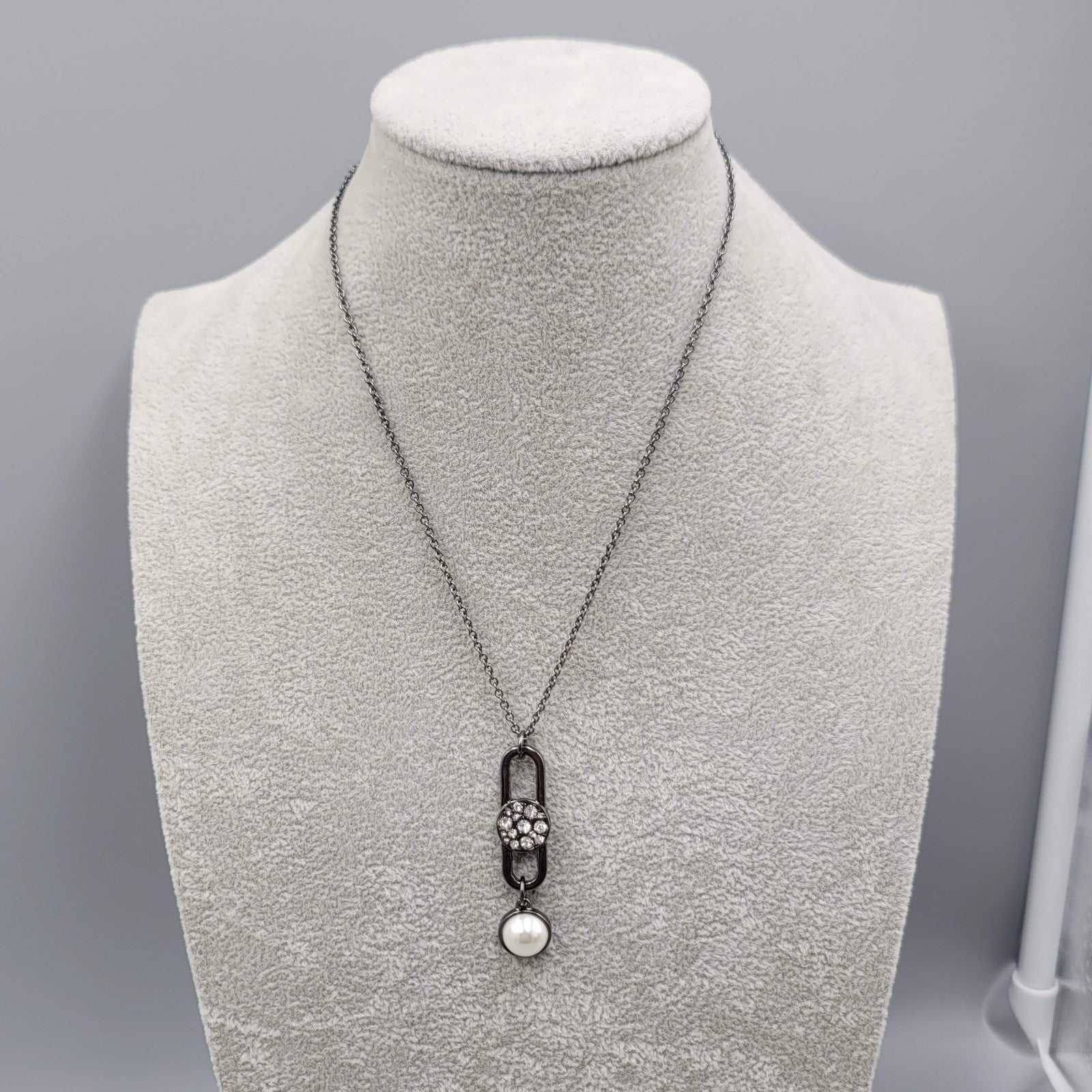 Black Metal Faux Pearl Rhinestone Necklace Convertible Removable Layer 18" & 36"