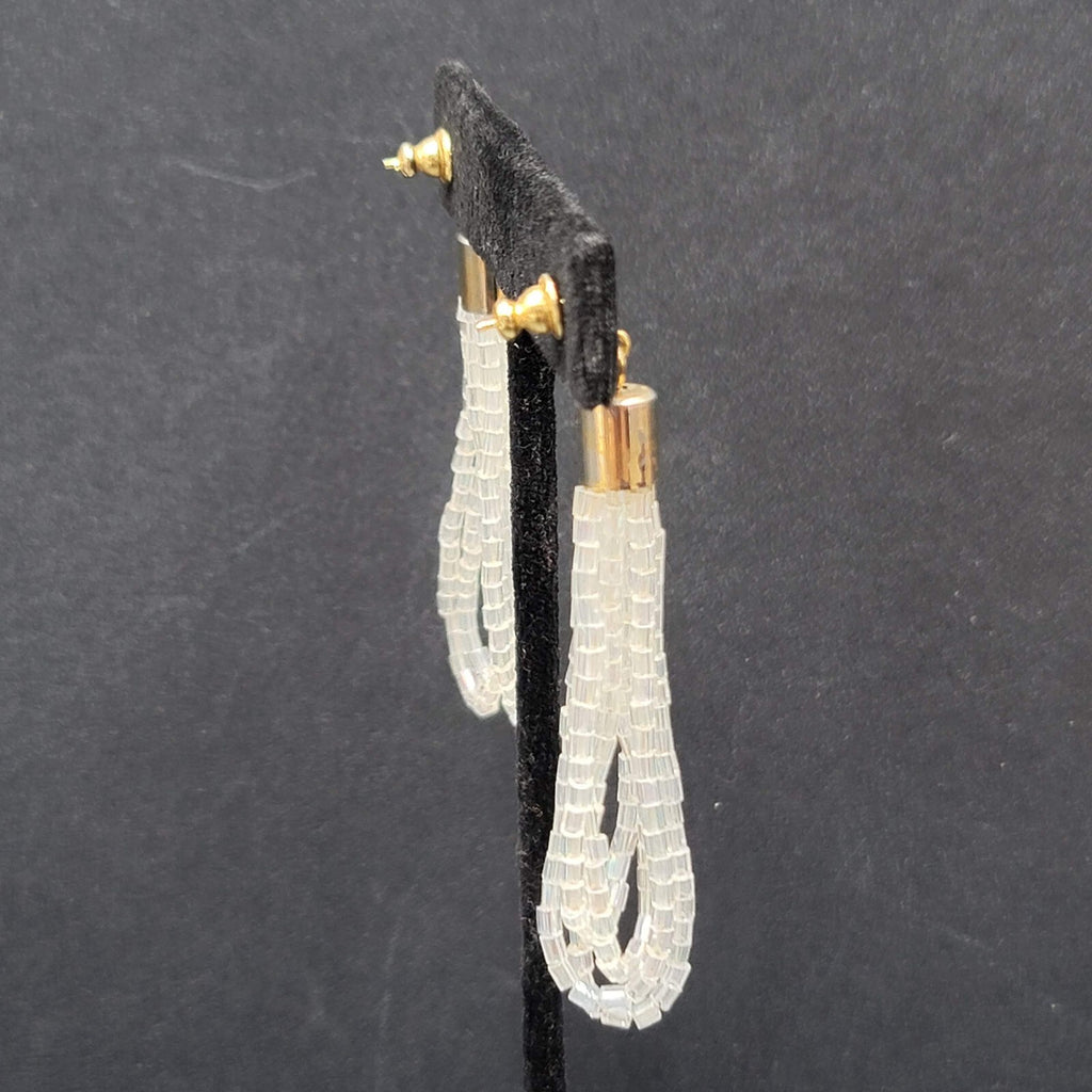 Pierced Earrings Gold tone AB White Clear Beads Dangle Loops 2.5"