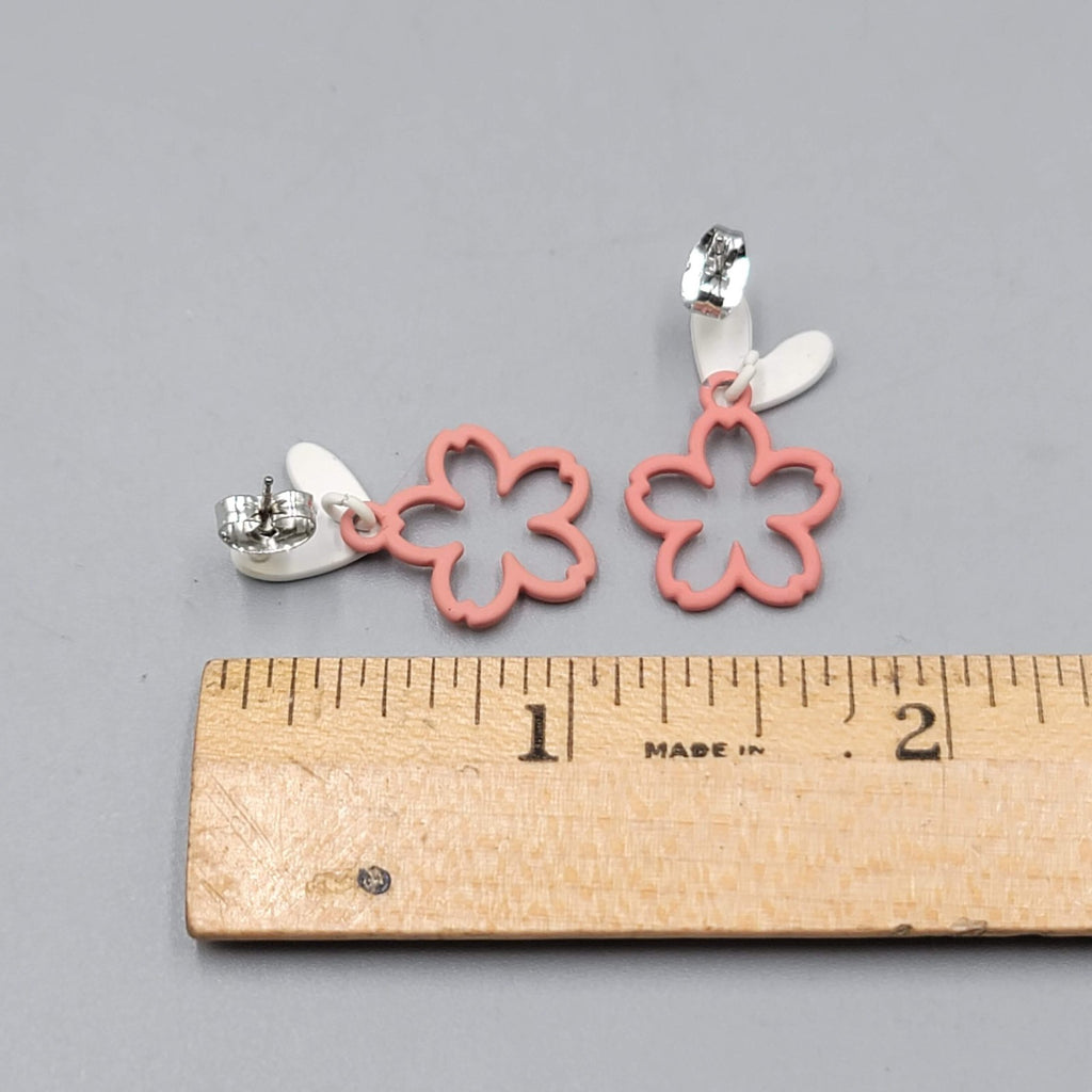 White Heart Pink Flowers Pierced Earrings Matte Enamel Dangle 1 in