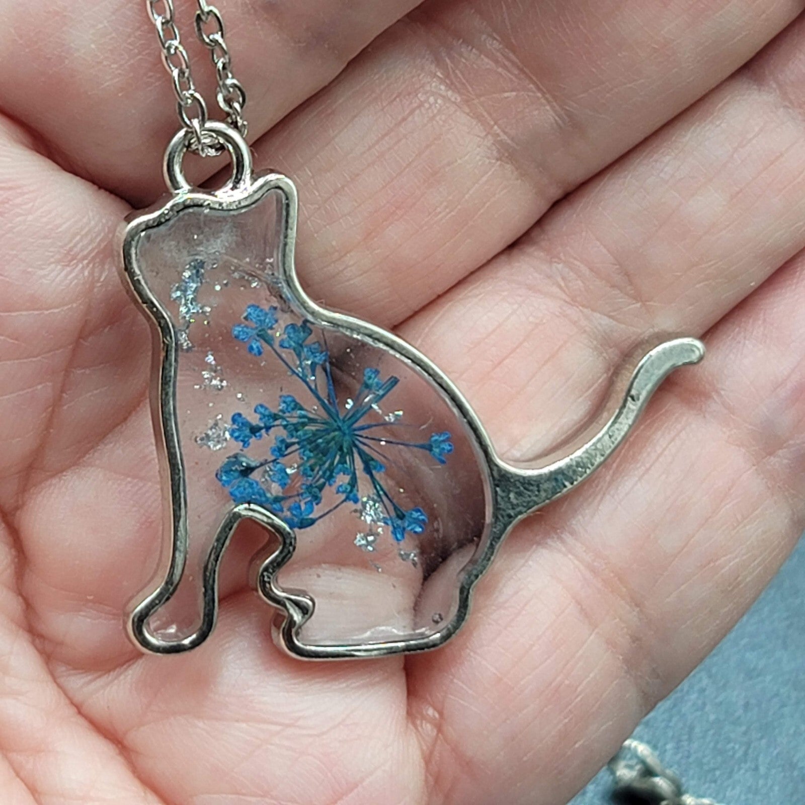 Cat Moon Necklace Silver tone Real Flower Resin Pendants 2 & one chain 18"
