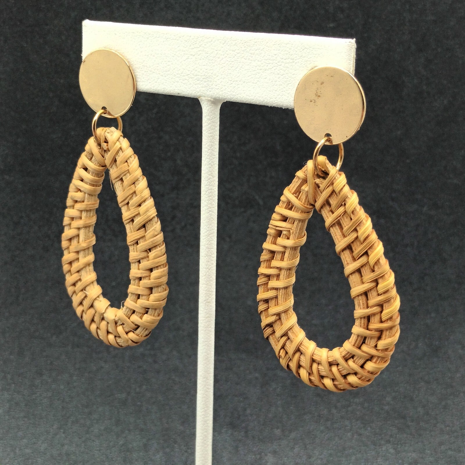 Pierced Earrings Gold tone Rattan Teardrop Statement Dangle 2 1/2"