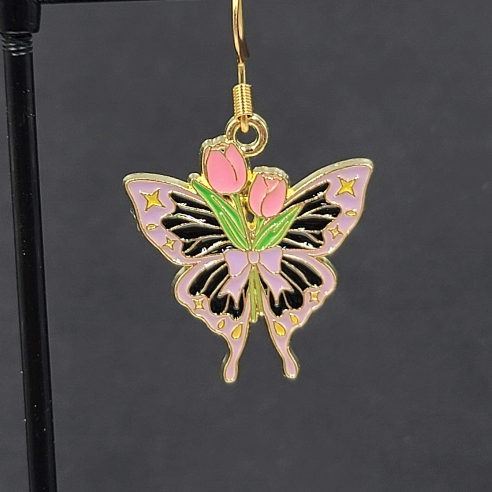 Pink Tulip Purple Moth Enamel Pierced Earrings Gold tone Dangle Butterfly 1"