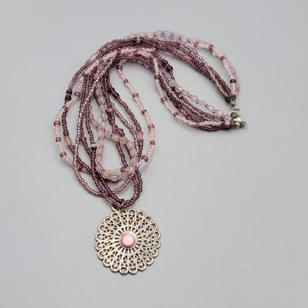 Multi Strand Purple Seed Bead Necklace Silver tone Pendant 18"