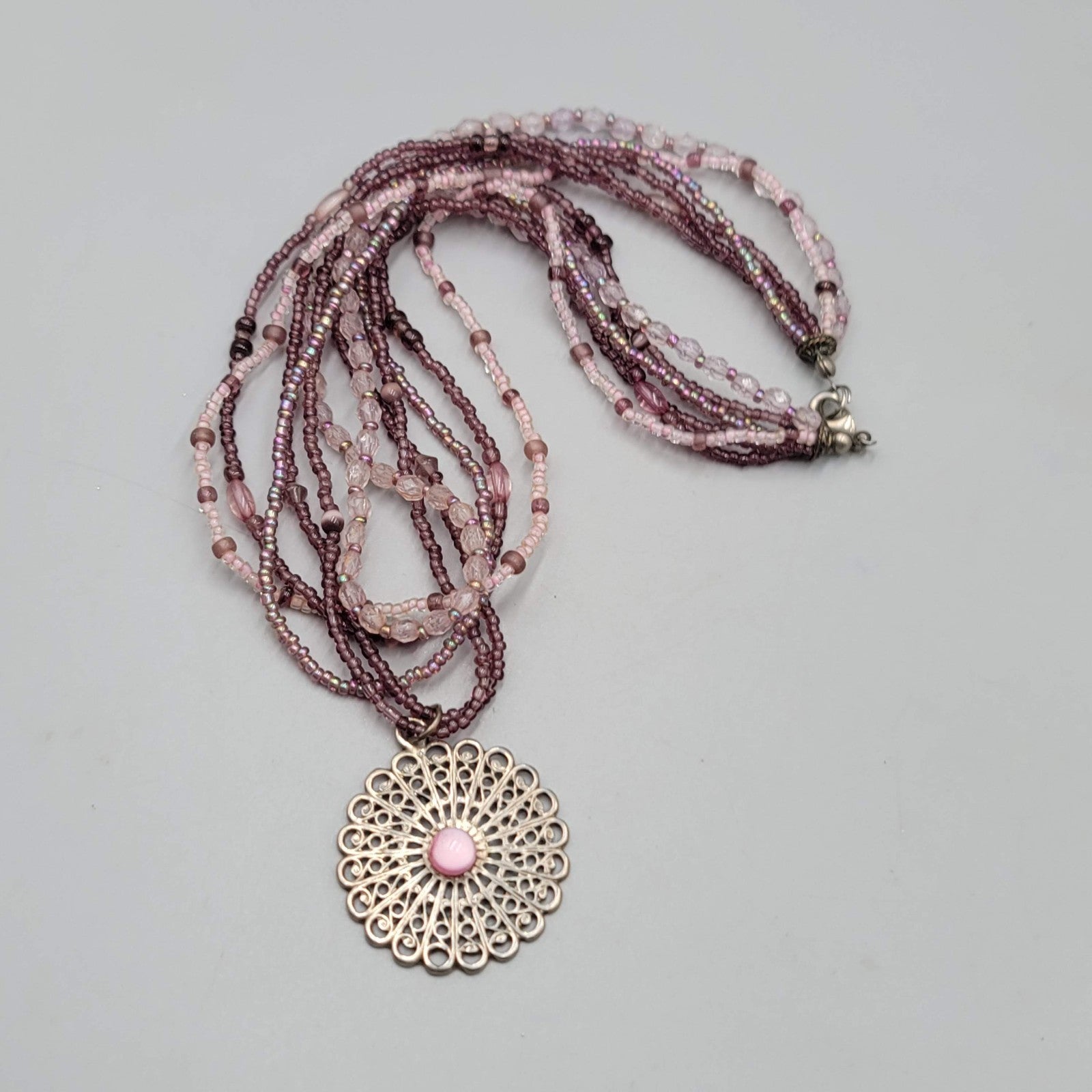 Multi Strand Purple Seed Bead Necklace Silver tone Pendant 18"