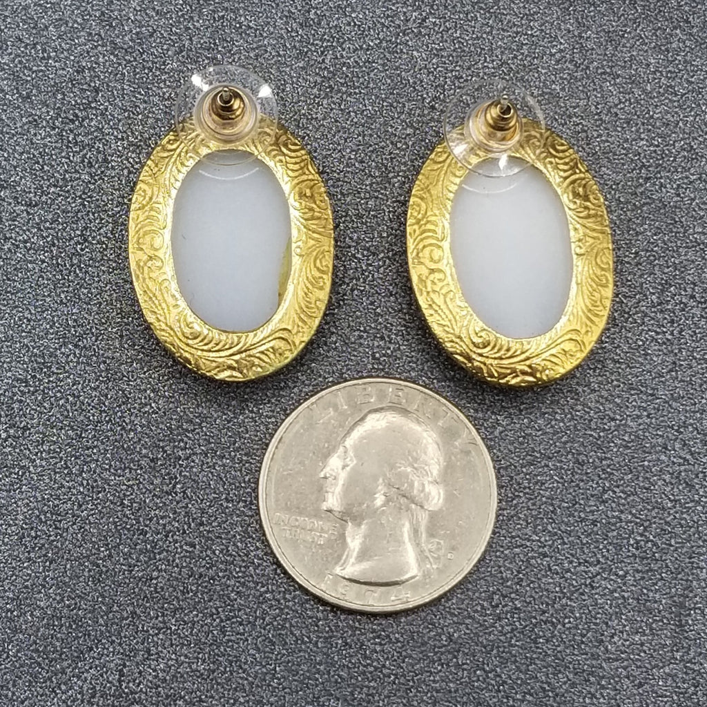 Pierced Earrings Gold tone White Glass Cabochon Drop 1 1/8"
