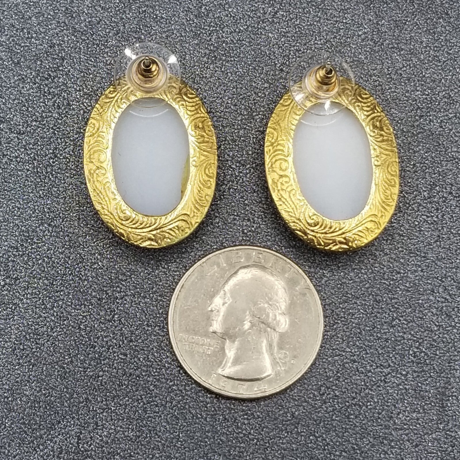 Pierced Earrings Gold tone White Glass Cabochon Drop 1 1/8"