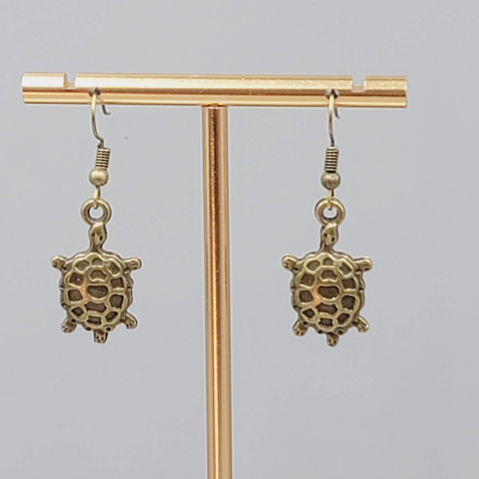 New Turtle Pierced Earrings Bronze tone Embossed Dangle 1"