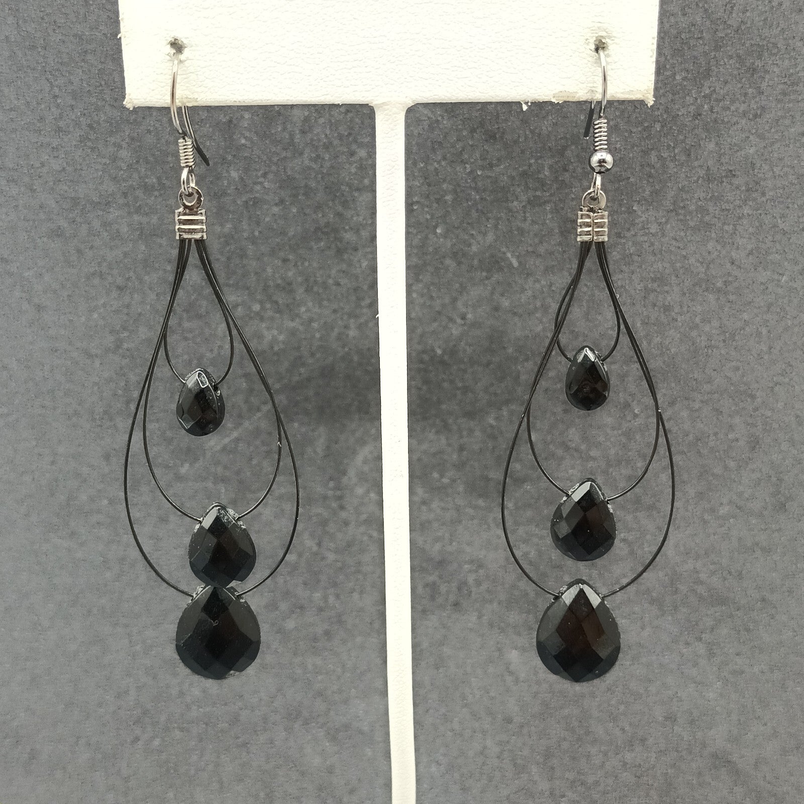 Pierced Earrings Black Plastic Loop Faceted Acrylic Teardrop Bead Dangle 2 3/4"