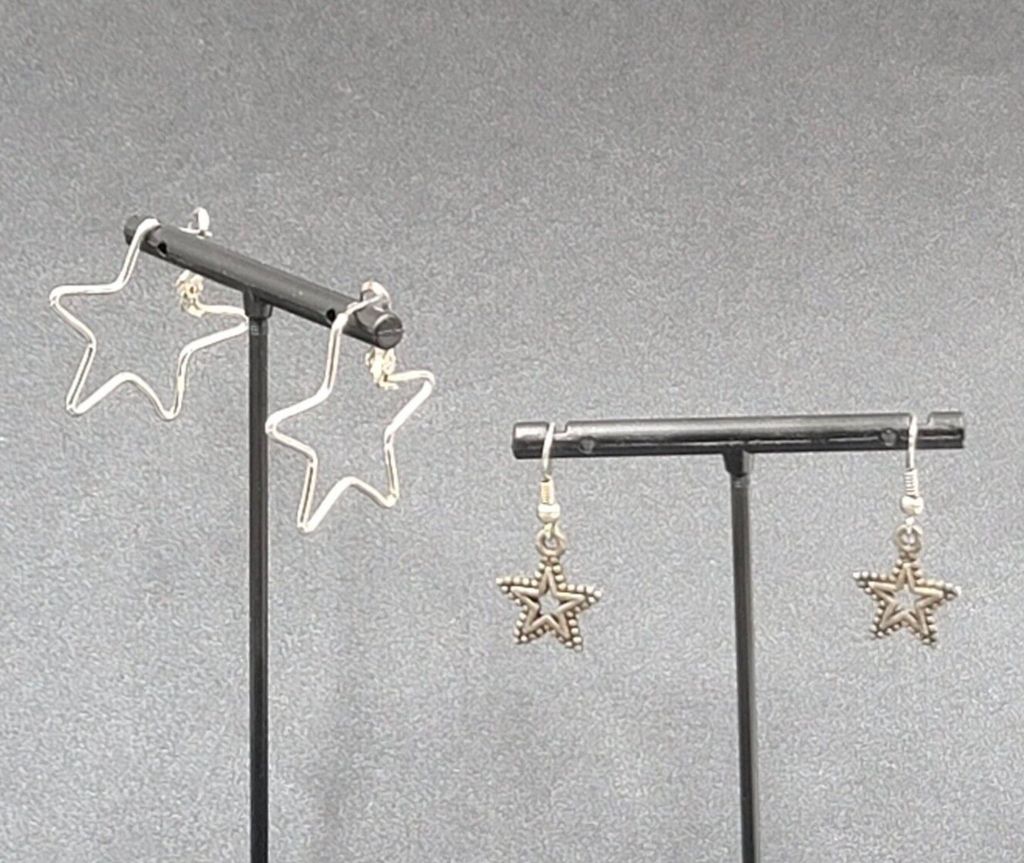 Lot of 2 Pierced Earrings Silver tone STARS Dangle Hoops