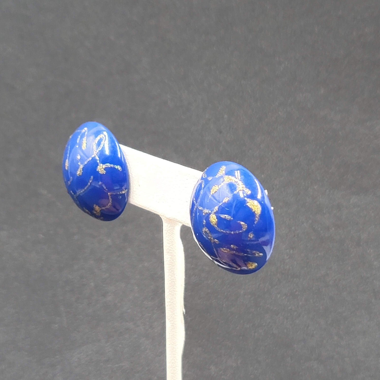 Vintage Pierced Earrings Blue Dome Studs Gold Glitter Paint 1"