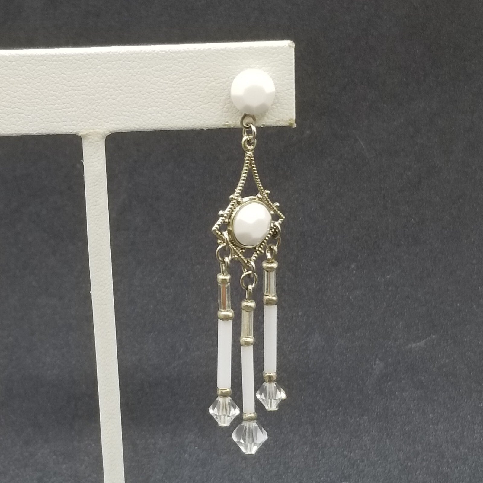 Pierced Earrings Silver tone Open Work Whited Faceted Crystal Dangle 2 1/2"