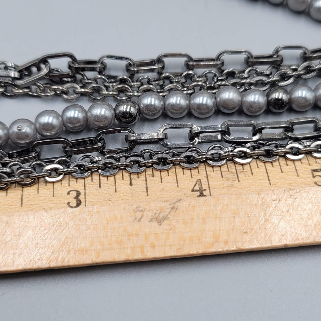 Black Metal Chains Gray Faux Pearl Necklace  Multi Strand 16"-19"