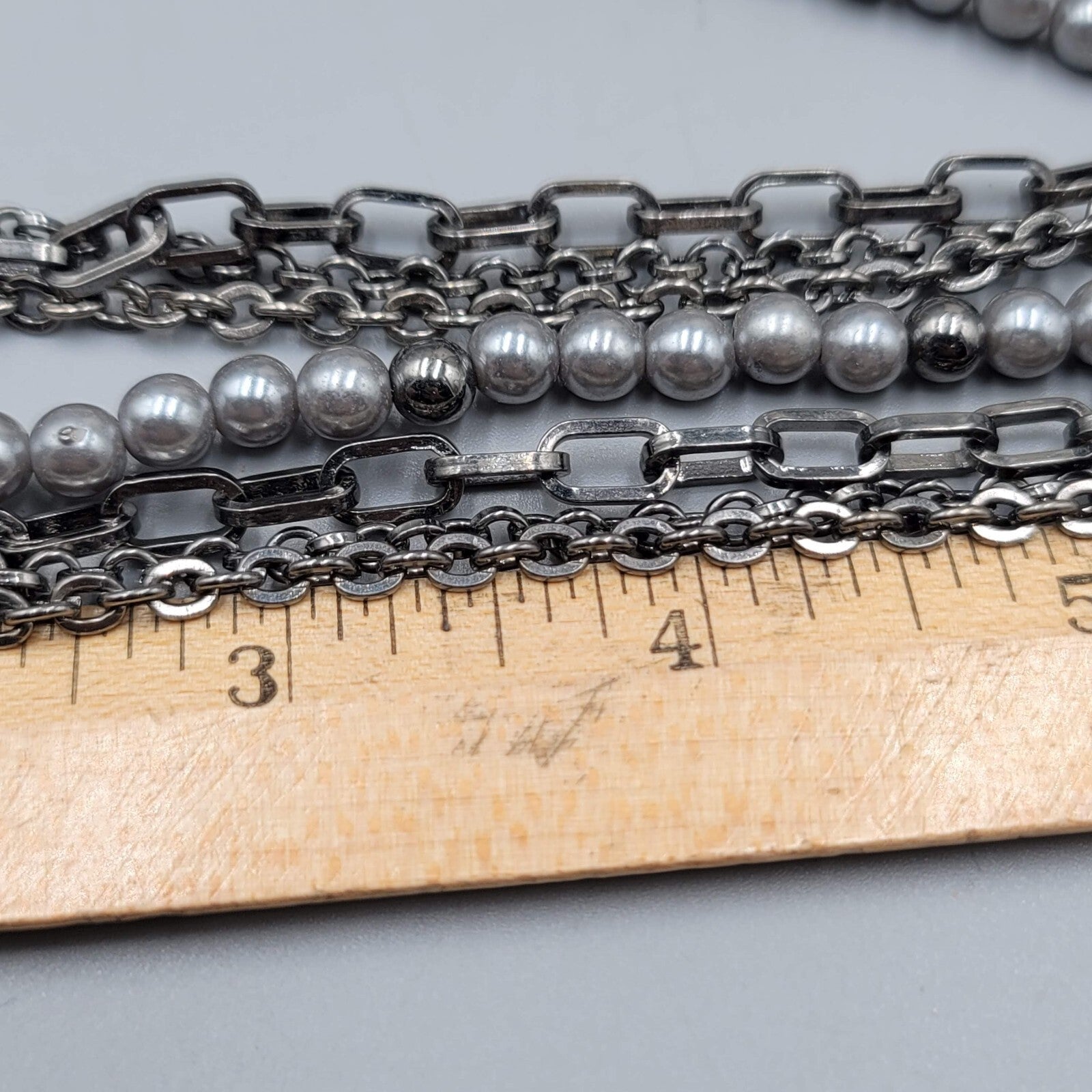 Black Metal Chains Gray Faux Pearl Necklace  Multi Strand 16"-19"