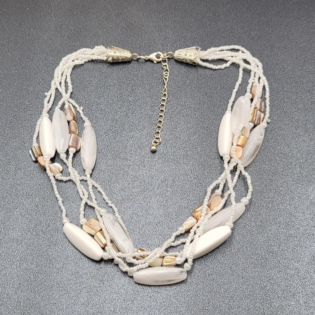 White Bead Beaded Necklace Gold tone Barrel Clasp  18"-21"
