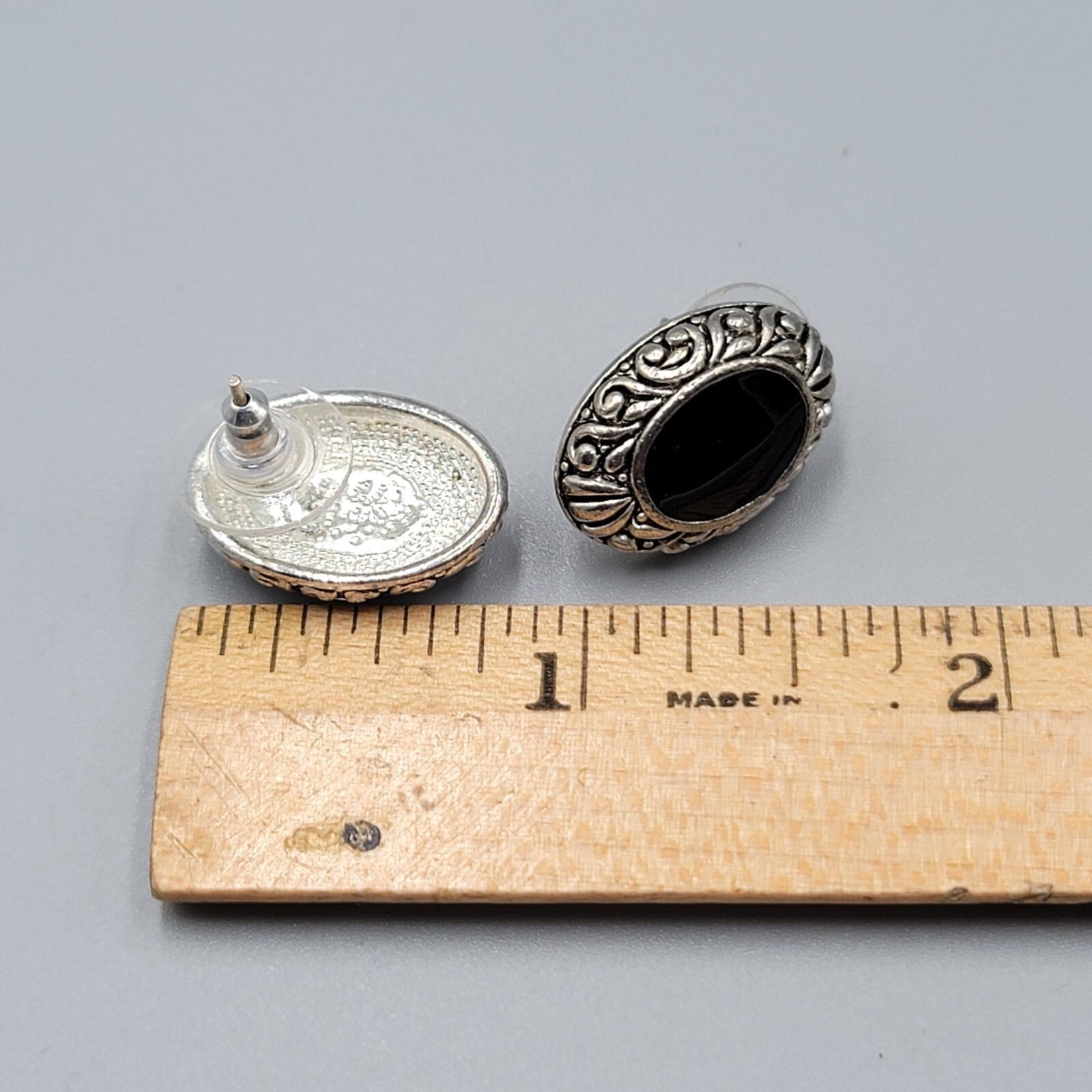 Pierced Earrings Silver tone Embossed Black Enamel Oval Drop 3/4"
