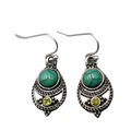 Boho Antiqued Silver tone Pierced Earrings Green Accent Yellow Rhinestone 7/8"
