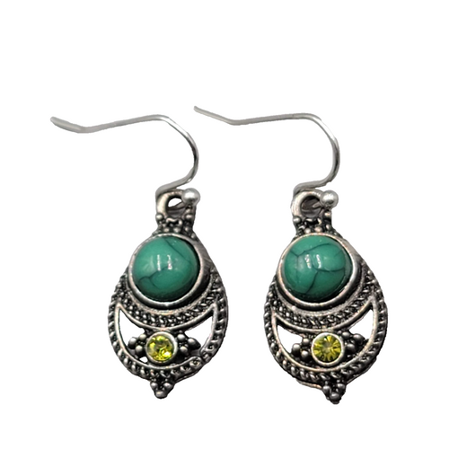 Boho Antiqued Silver tone Pierced Earrings Green Accent Yellow Rhinestone 7/8"
