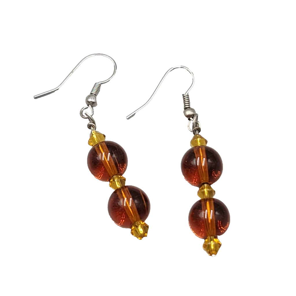 Brown Glass Bead Pierced Earrings Silver tone Dangle 1.5 in