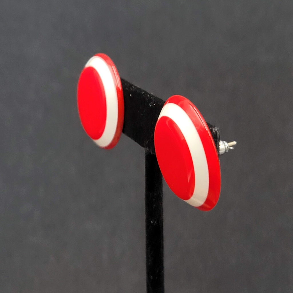 Vintage Pierced Earrings Bright Red and White Acrylic Round Studs 1"