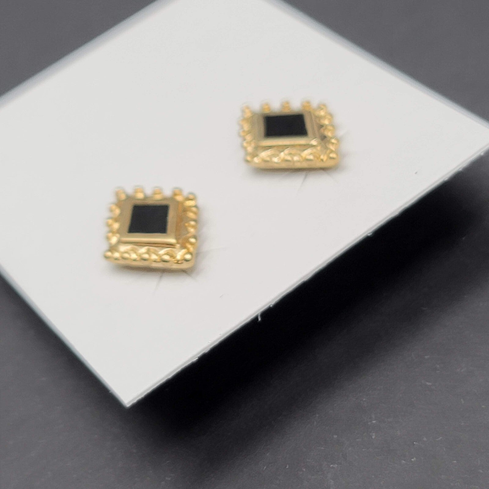 Vintage Pierced Earrings Gold tone Diamond Shape Black Onyx Studs 5/8"