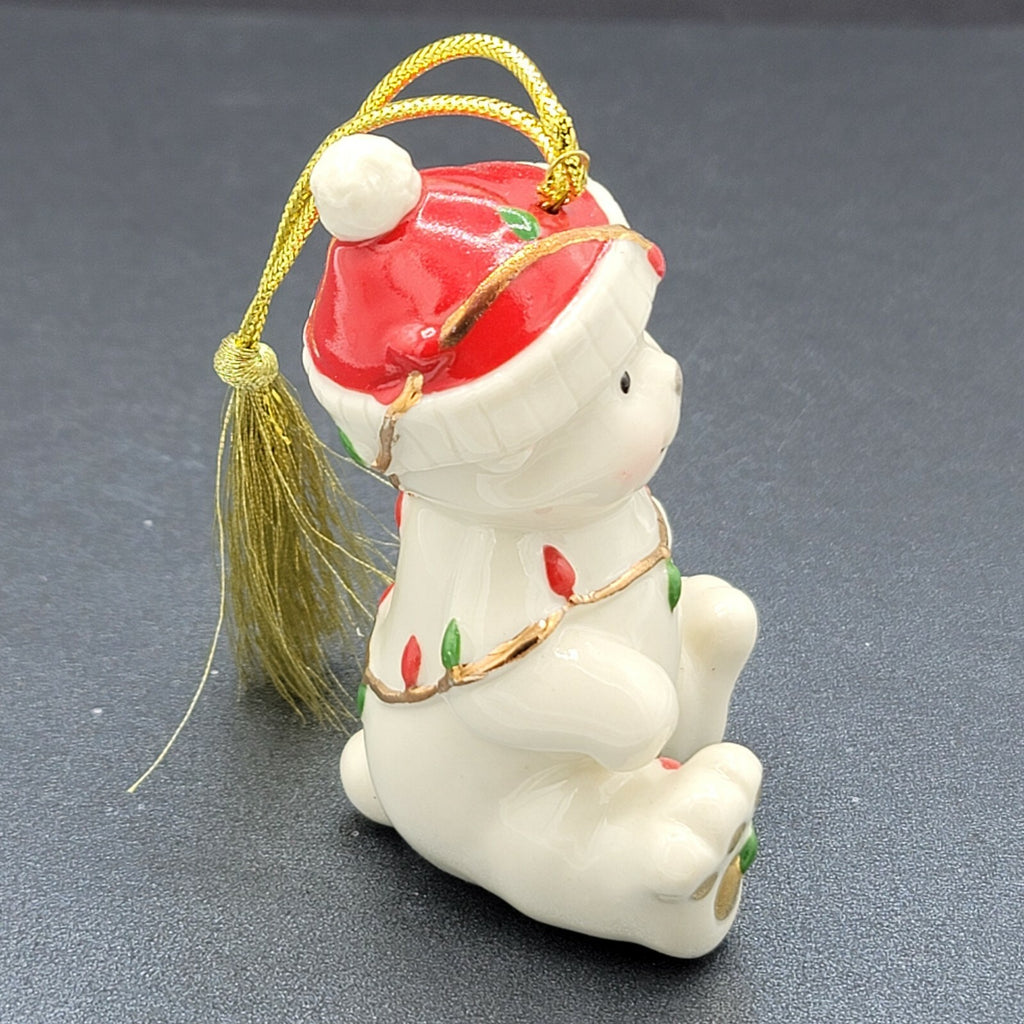 Lenox Porcelain Santa Teddy Bear Ornament Tangled Christmas Lights 3.5" Hanging