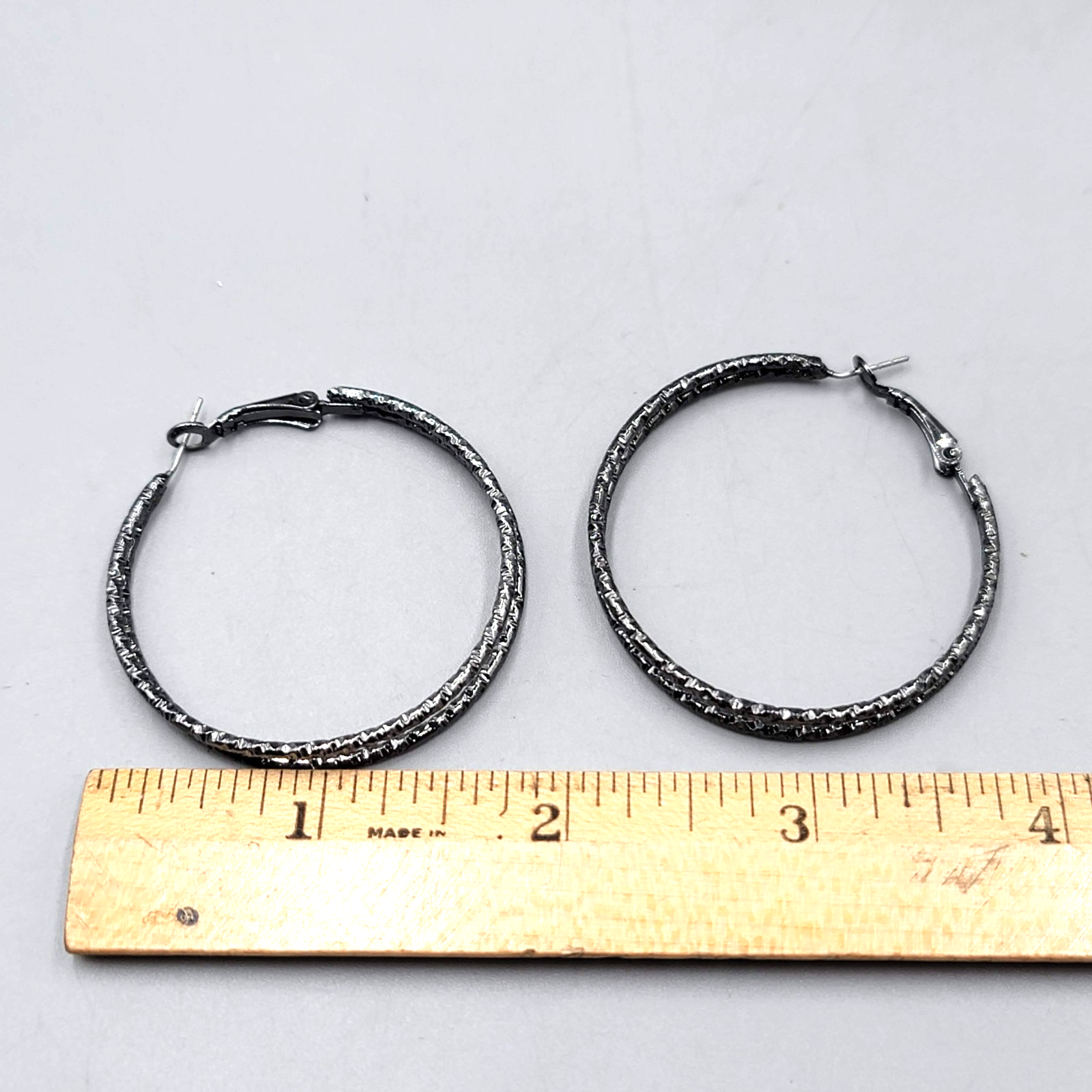 Double Hoop Pierced Earrings Black Textured Metal 1.75 in