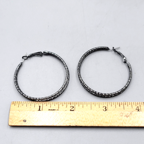 Double Hoop Pierced Earrings Black Textured Metal 1.75 in