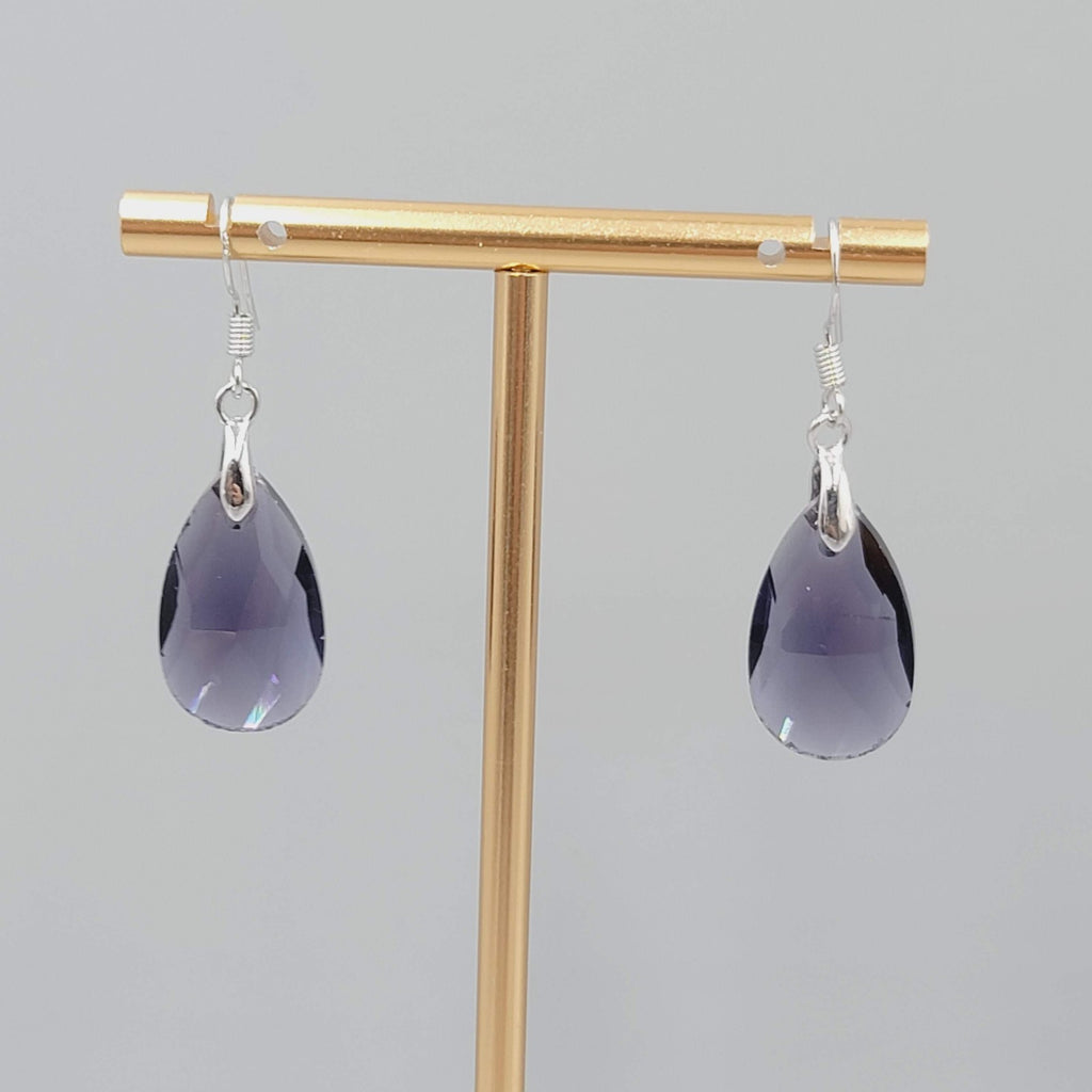 Purple Glass Teardrop Bead Pierced Earrings Silver tone Dangle 1"