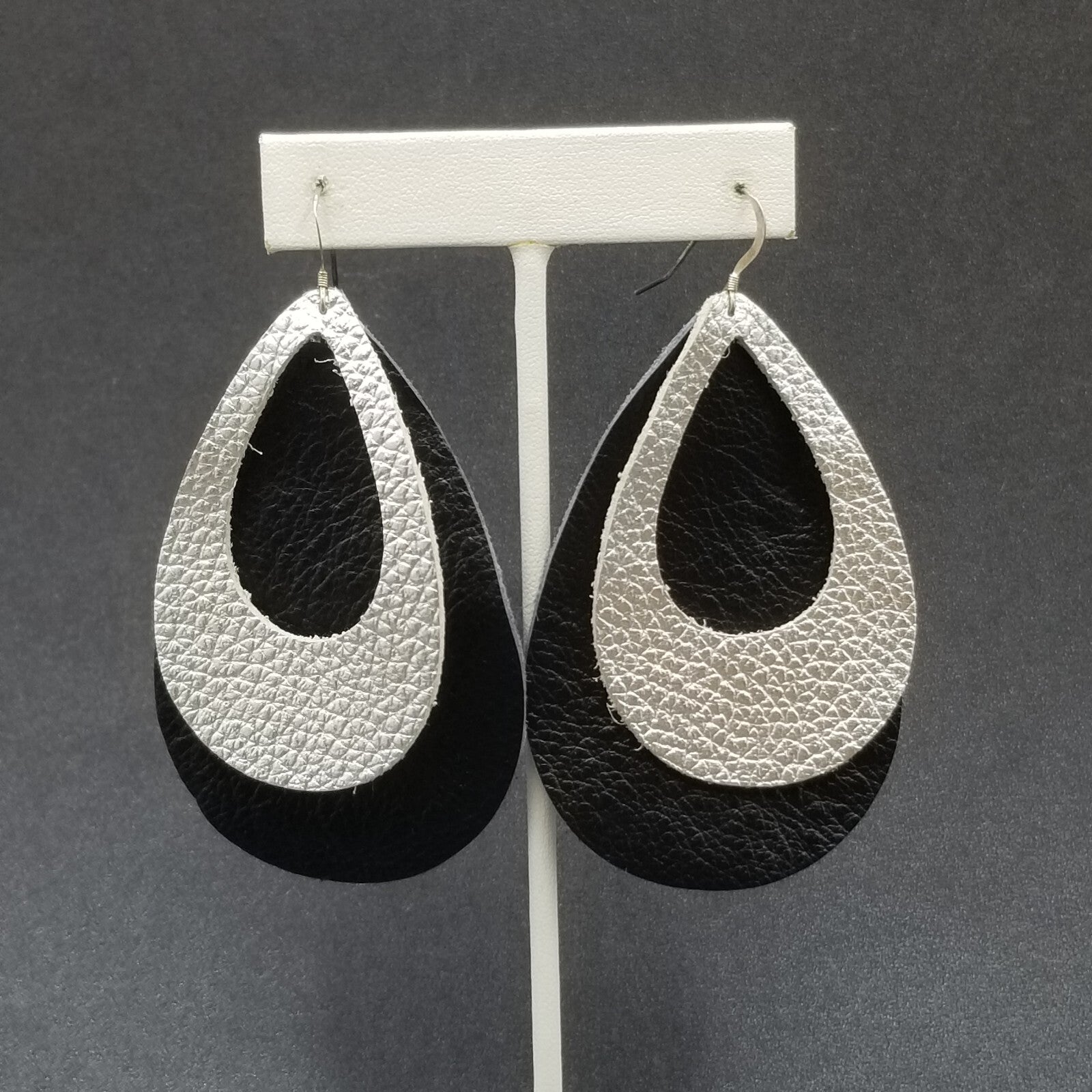 Pierced Earrings Sterling Silver Leather Teardrop Light weight Dangle 3 1/4"