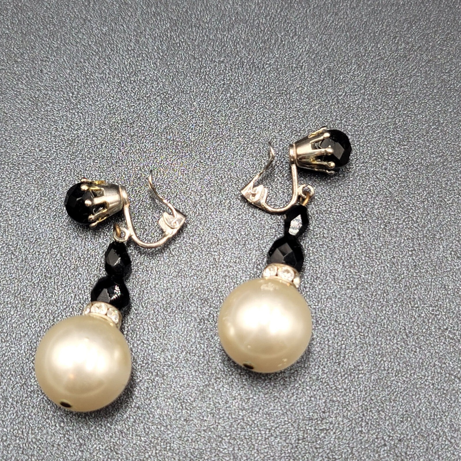 Vintage Clip on Earrings Black White Dangle Beads 1.5"