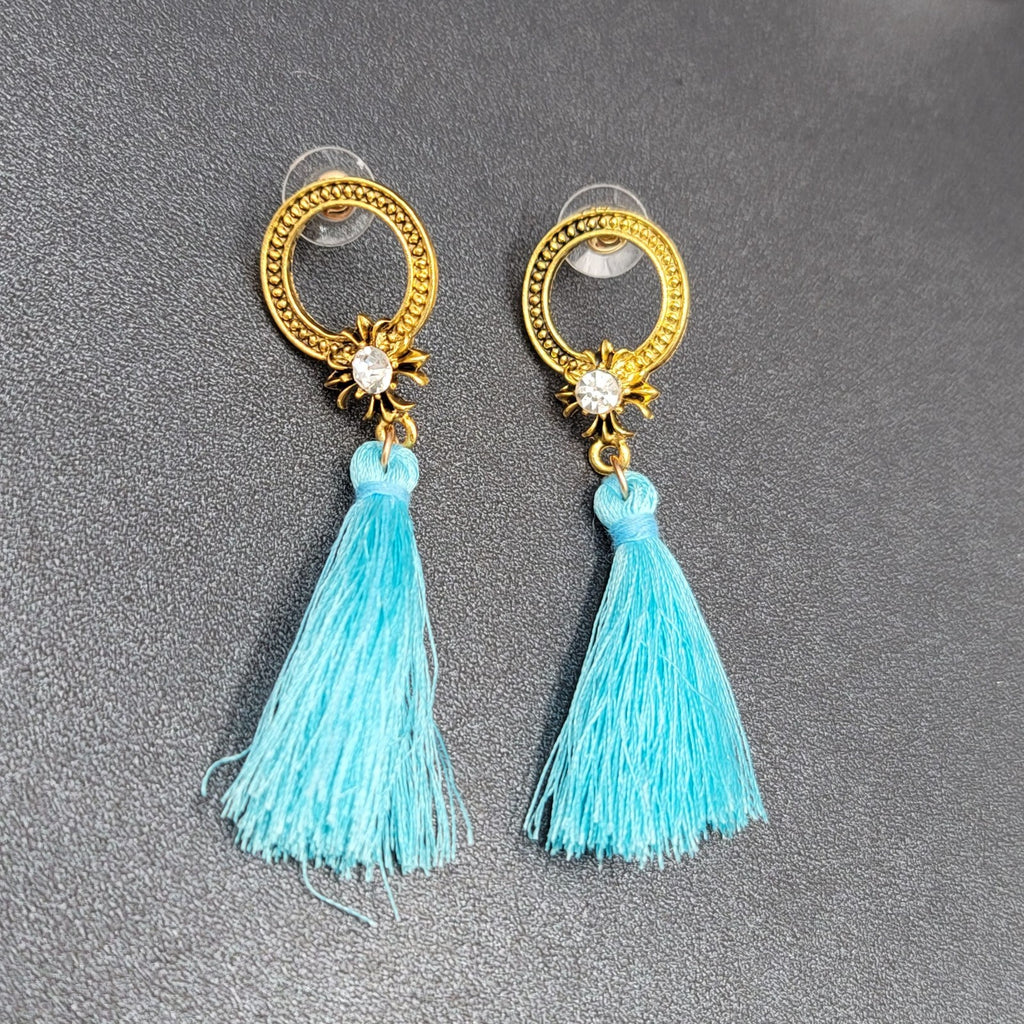 Pierced Earrings Gold tone Blue Tassel Rhinestone Statement Dangle 2.5"