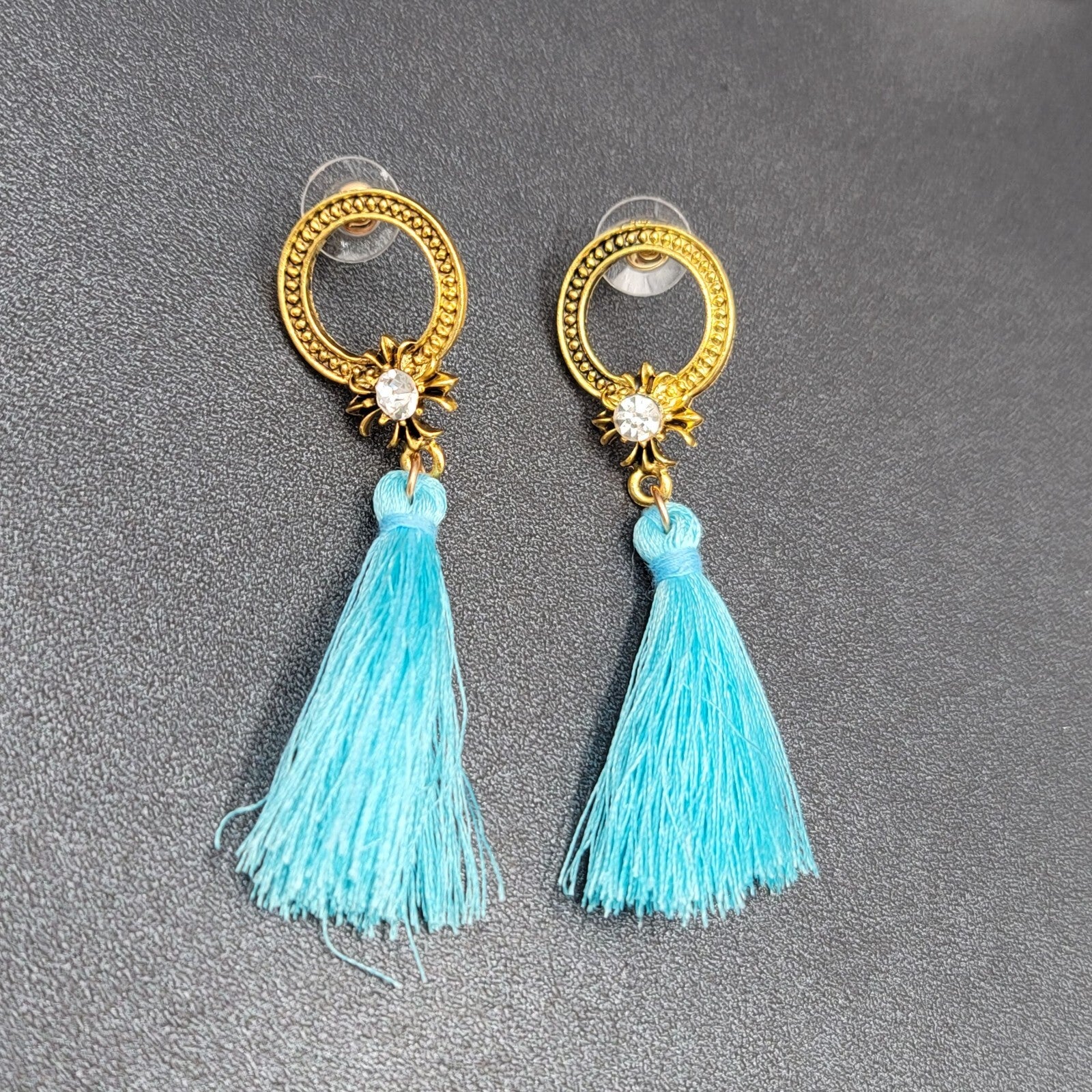 Pierced Earrings Gold tone Blue Tassel Rhinestone Statement Dangle 2.5"