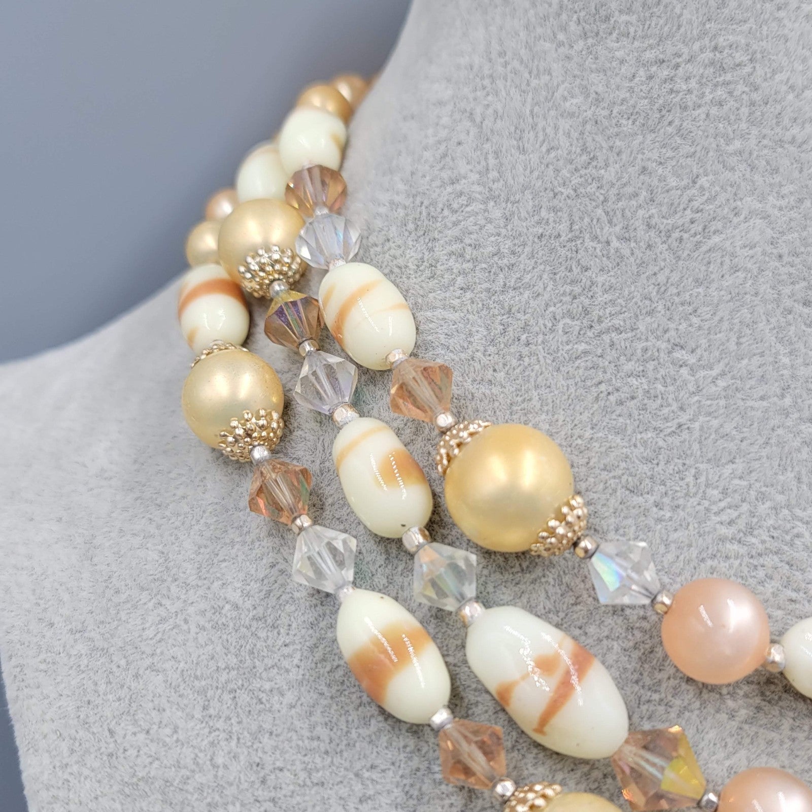 Vintage Triple Strand Necklace Beige Glass Moonstone Gold tone 